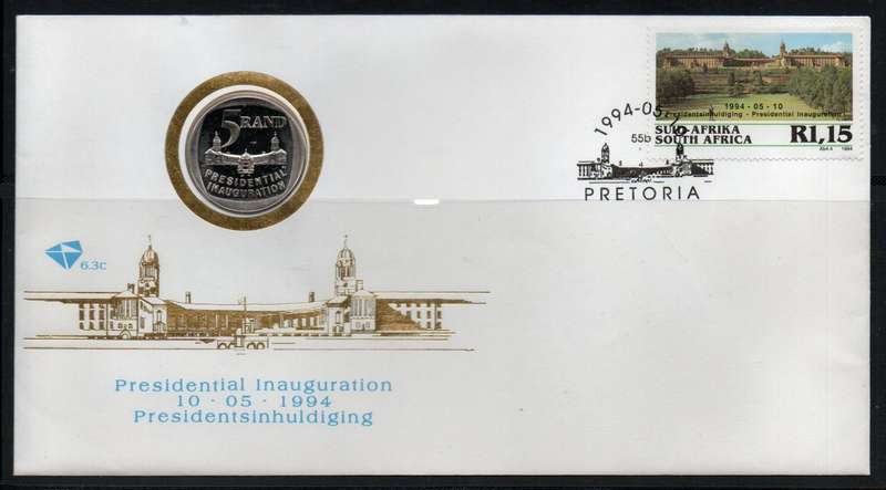 South Africa 1994 Mandela Inauguration FDC 6.3c with R5 coin. Cat R600 (2023-25)
