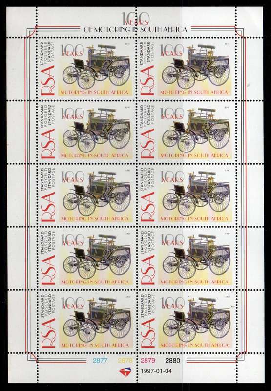 South Africa 1997 100 years of motoring in SA sheet of 10 umm. SACC 1056-59. Cat R150 (2023-25)