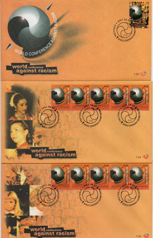South Africa 2001 World Against Racism set of 3 FDC's 7.23 - 7.25. Cat R135 (2023-25)