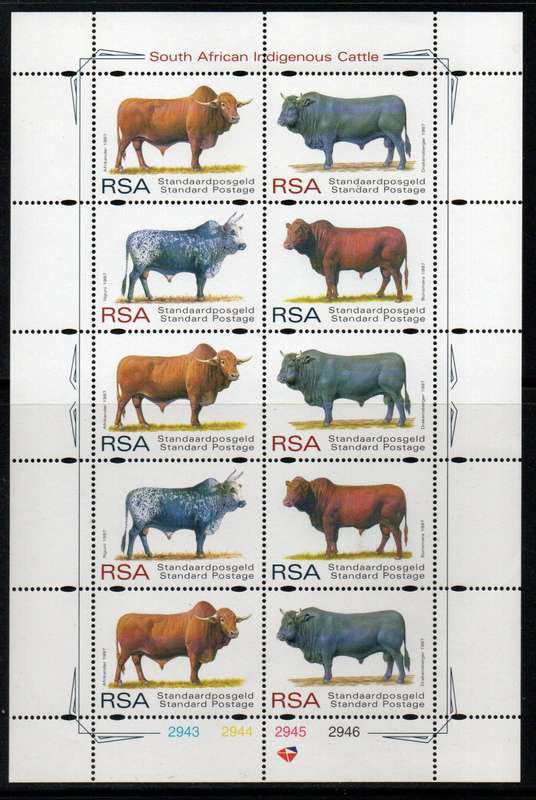South Africa 1997 SA Indigenous cattle sheet of 10 umm. SACC 1056-59. Cat R140+ (2023-25)