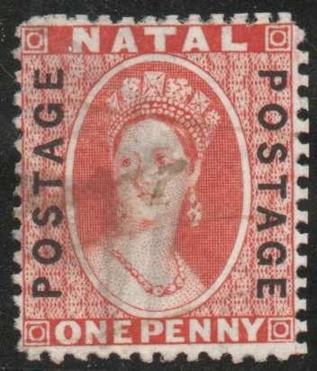 Natal 1870-73 1d bright red ovptd "POSTAGE" very fine used. SACC 65. Cat R300 (2023-25)