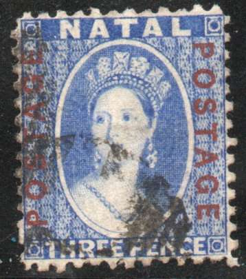 Natal 1870-73 3d bright blue ovptd "POSTAGE" reversed wmk vfu. SACC 66a. Cat R180 (2023-25)