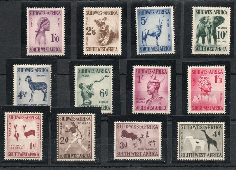 South West Africa 1954 Definitive set of 12 lightly mounted mint. SACC 182-93. Cat R1505