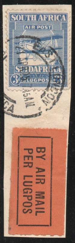 South Africa 1925 1st Airmail issue 3d on piece very fine used. SACC 26. Cat R150. (2023-25)
