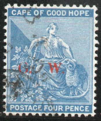Griqualand West 1877 4d deep blue overprinted "G.W." in red vfu. SACC 3. Cat R2200 (2025)