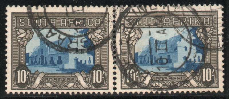 South Africa 1933-48 Hyphenated pictorial 10/- pair used reinforced perfs. SACC 63a. Cat R200