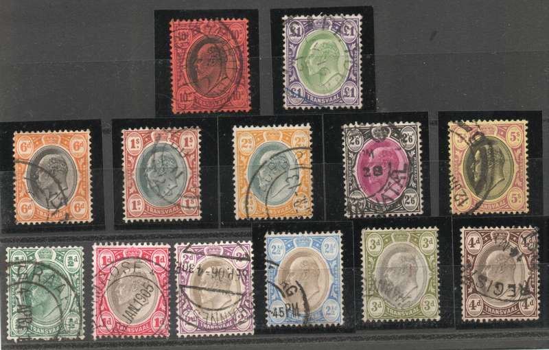Transvaal 1904-09 KEVII Definitive set of 13 very fine used. SACC 266-278. Cat R2965 (2023-25)
