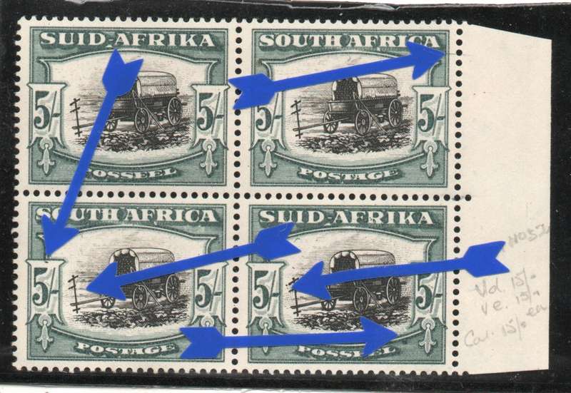South Africa 1933-48 Hyph pictorial 5/- black & bluish green umm with var. SACC 62c Cat R3950 (2025)