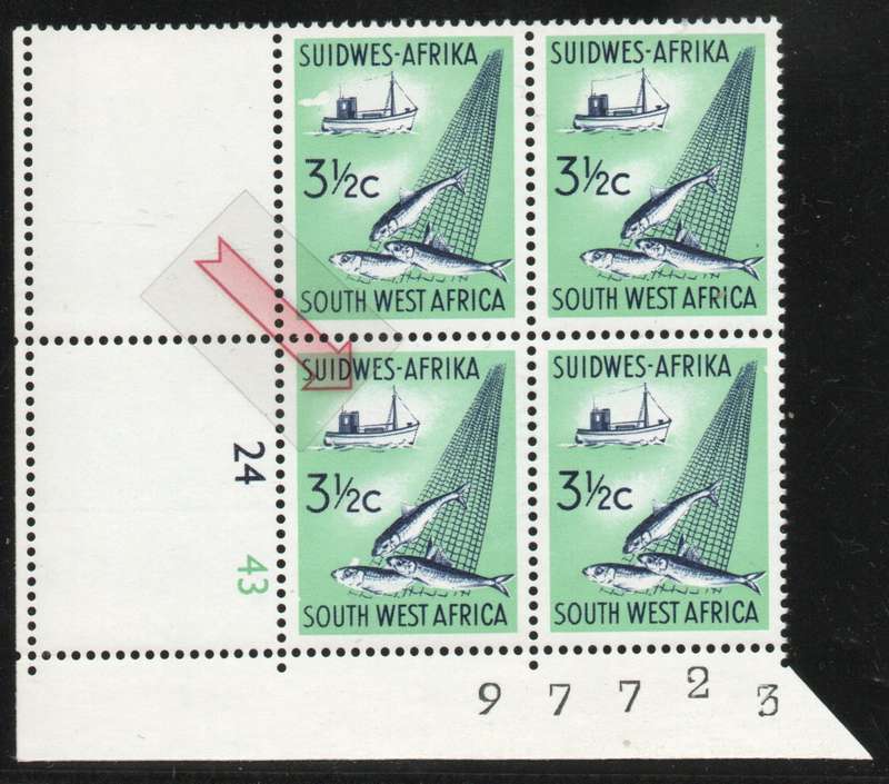 South West Africa 1962-66 Group II 3½c control block of 4 umm with var. SACC 205a-I. Cat R950+
