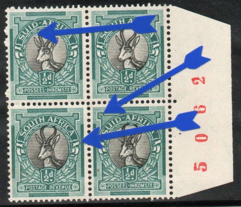South Africa 1933-48 ½d sheet number block of 4 umm with flaws. SACC 55. Cat R260 (2025)