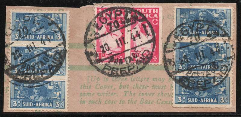 South Africa 1944 WWII small wars 3d unit plus used on piece posted in Egypt. SACC 99. Cat R160