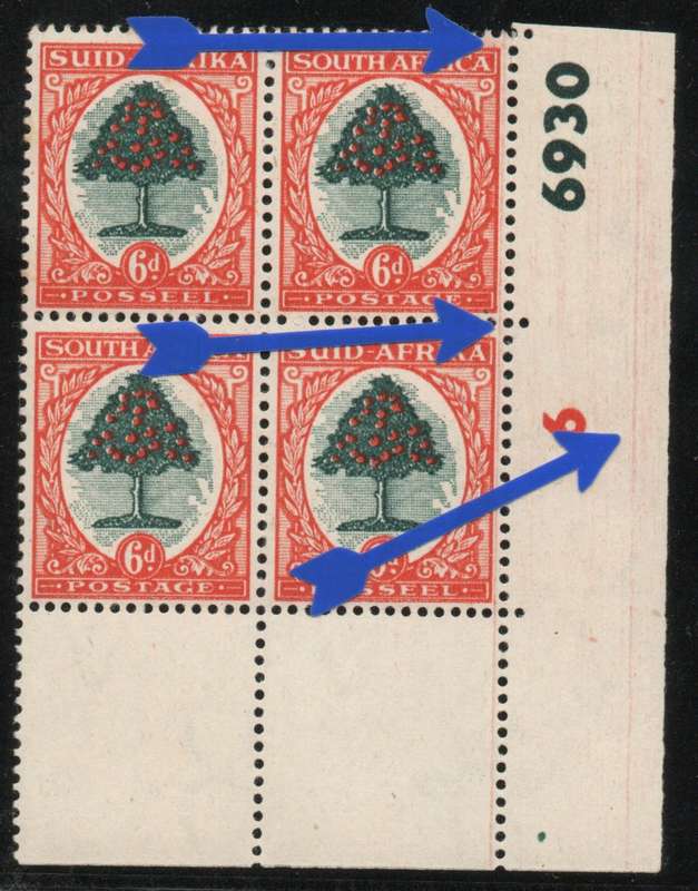 South Africa 1947-54 Hyphenated & Screened pictorials 6d control block mint with var. SACC 118.