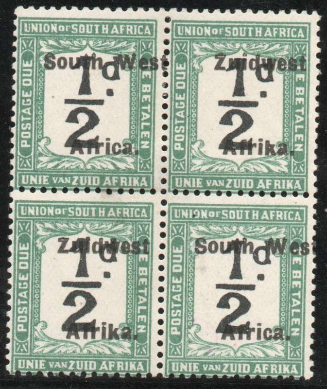 South West Africa Postage Due 1924-26 Group V ovpt ½d block of 4 mm. SACC 21. Cat R600 (2023-25)