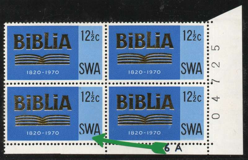 South West Africa 1970 "150th Anniv of Bible Society " 12½c contr block with var SACC 239a Cat R400+