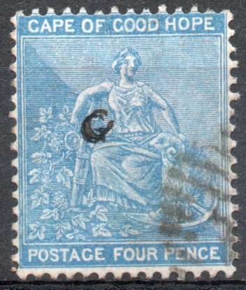 Griqualand West 1878 4d blue outer frame line used with double ovpt unlisted variety.  SACC 16a var