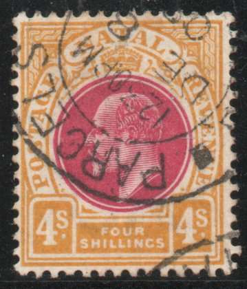 Natal 1902-03 KEVII Definitive 4/- deep rose & maize very fine used. SACC 121. Cat R3000 (2023-25)