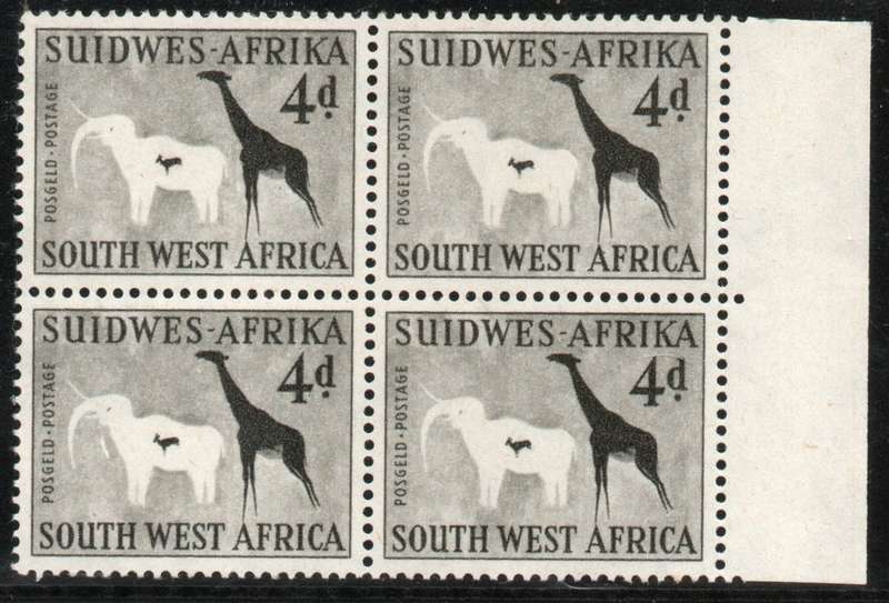 South West Africa 1960 Definitive 4d block of 4 umm wmk Coat of Arms. SACC 197. Cat R300