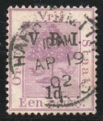 Orange Free State 1900 V.R.I. raised stops 1d on 1d no stop after "V" vfu. SACC 60c. Cat R100 (2025)