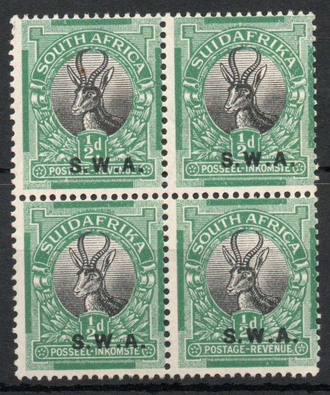 South West Africa 1927-30 London Pictorials ovptd S.W.A. ½d block 4 umm. SACC 81. Cat R240 (2023-25)