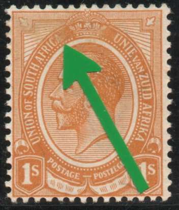 South Africa 1913 KGV Defin 1/- lightly mounted mint with over-inked "A" in South Africa. SACC 11.