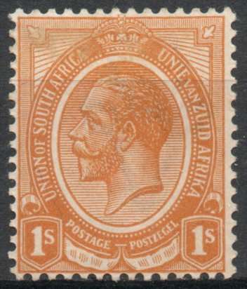South Africa 1913 KGV Defin 1/- lightly mounted mint with over-inked "A" in South Africa. SACC 11.