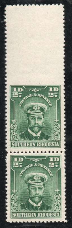 Southern Rhodesia 1924 KGV­ ½d vert strip of 2 with imperf gutter margin unmounted mint. SACC 1d.