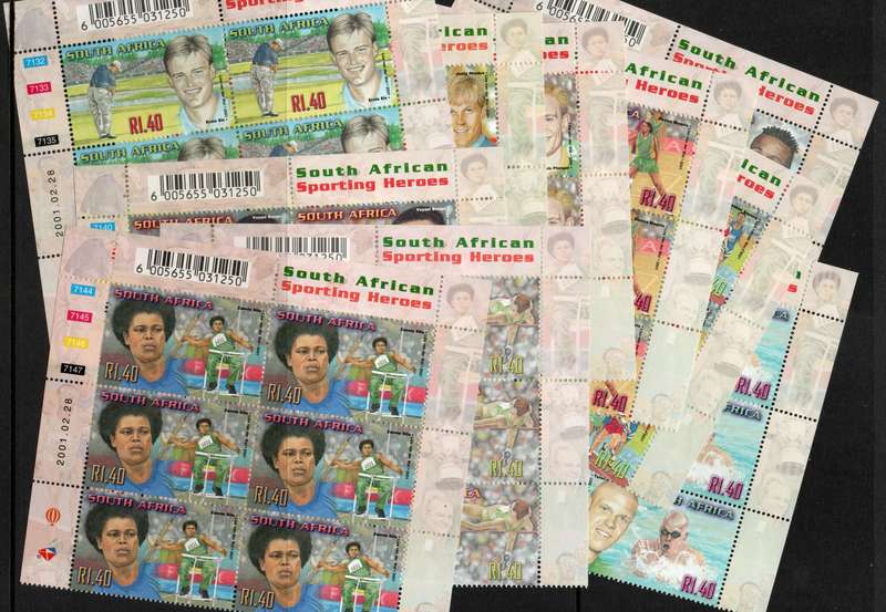 South Africa 2001 SA Sporting Heroes set of 10 in control blocks of 6 umm. SACC 1348-1357. Cat R960