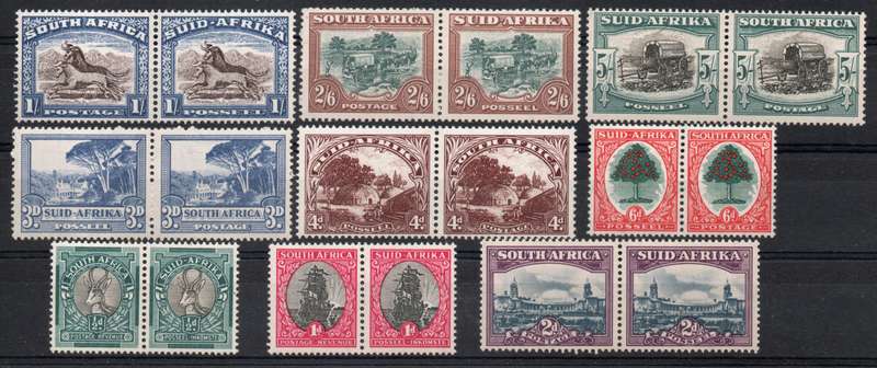 South Africa 1947-54 Hyphenated & Screened pictorials set of 9 pairs umm. SACC 113-121. Cat R2580.