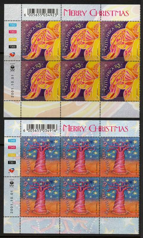South Africa 2001 Christmas set of 2 in control blocks of 6 umm. SACC 1449-1450. Cat R300 (2023-25)