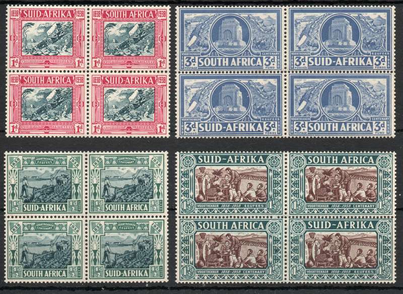 South Africa 1938 Voortrekker Cent Mem Fund set of 4 in blocks 4 lmm (3d UHB v4) SACC 75-8 Cat R3300