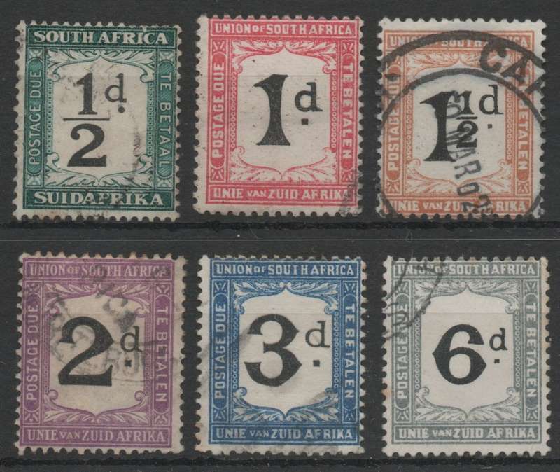 South Africa 1922-26 Postage Due set of 6 fine used. SACC 11-16. Cat R437 (2023-25)