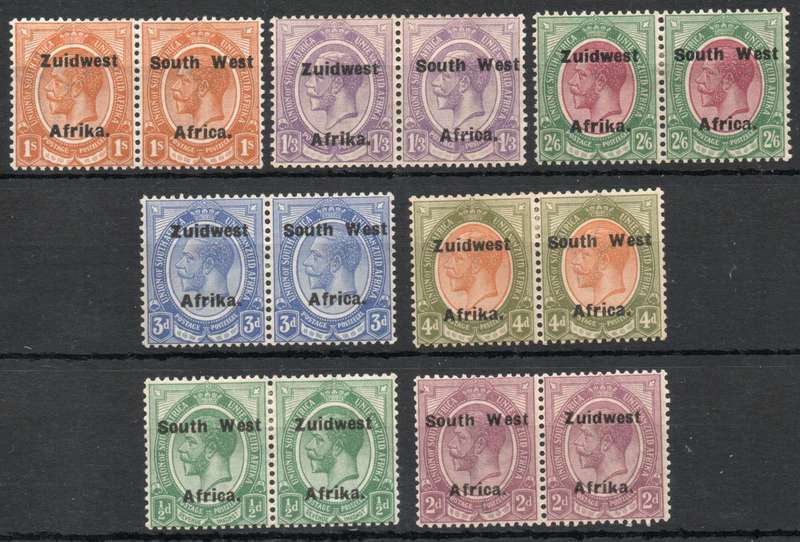 South West Africa 1924-26 KGV Defin part set of 7 pairs lmm. SACC 52, 54-56, 58-60. Cat R2970 (2025)