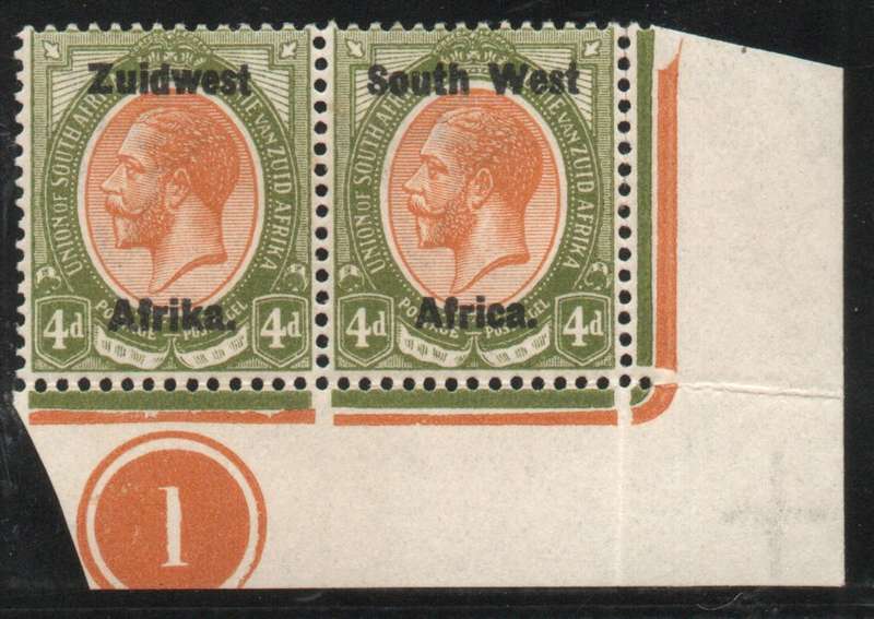 South West Africa 1923 KGV Type III 4d control pair lmm perf splitting. SACC 19. Cat R2700 (2023-25)