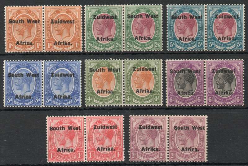 South West Africa 1924-26 KGV Defin part set of 8 prs lmm & umm. SACC 41-46, 48-49. Cat R (2025)