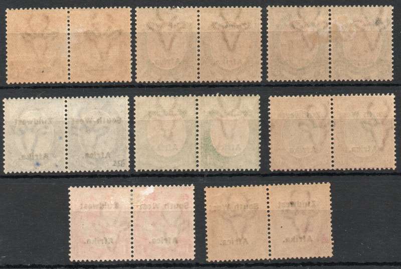 South West Africa 1924-26 KGV Defin part set of 8 prs lmm & umm. SACC 41-46, 48-49. Cat R (2025)