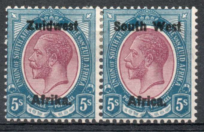 South West Africa 1923 KGV Type III ovpt 5/- pair lightly mounted mint. SACC 24. Cat R5000 (2025)