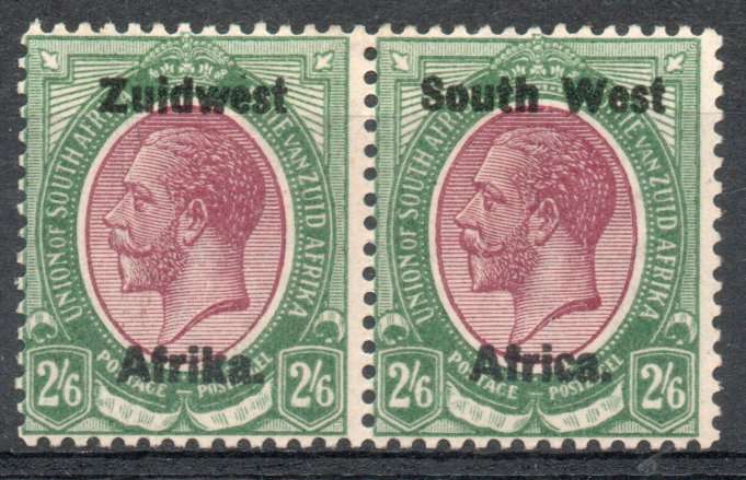 South West Africa 1923 KGV Type III ovpt 2/6d pair lightly mounted mint. SACC 23. Cat R2000 (2025)