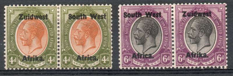 South West Africa 1923 KGV Type III ovpt 4d & 6d prs lightly mtd mint. SACC 19-20. Cat R650 (2025)
