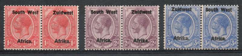 South West Africa 1923 KGV Type III ovpt 1d-3d pairs unmounted mint. SACC 16-18. Cat R1020 (2025)