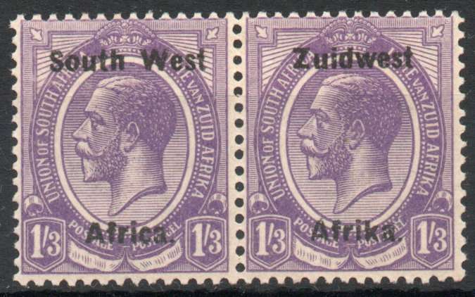 South West Africa 1923 KGV Type IIIA ovpt 1/3d pair unmounted mint. SACC 33. Cat R1500 (2025)