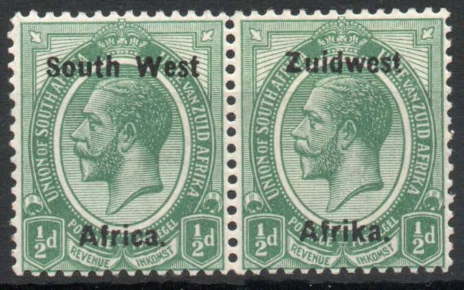 South West Africa 1923 KGV Type IIIA ovpt ½d pair unmounted mint. SACC 26. Cat R370 (2025)