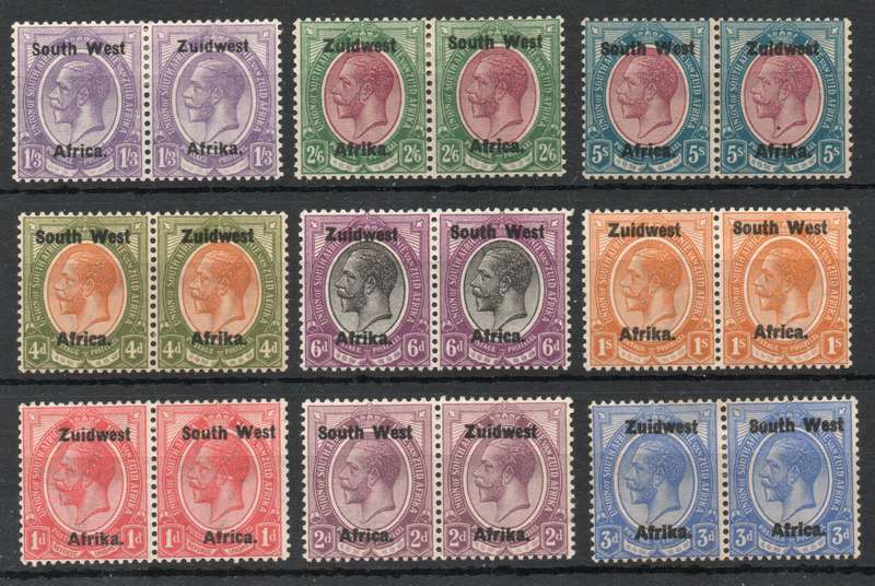 South West Africa 1923 KGV Type III ovpt short set of 9 pairs lmm. SACC 16-24. Cat R9420 (2023-25)