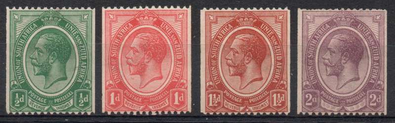 South Africa 1913 KGV Defin coil set of 4 umm (½d-1½d) & mm (2d). SACC 17-20 Cat R950 (2023-25)