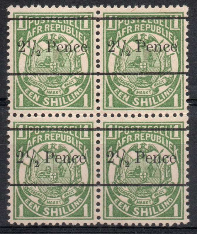 Transvaal 1893 Surcharged 2½d on 1/- green surch 12½mm apart block 4 umm. SACC 203. Cat R440 (2025)