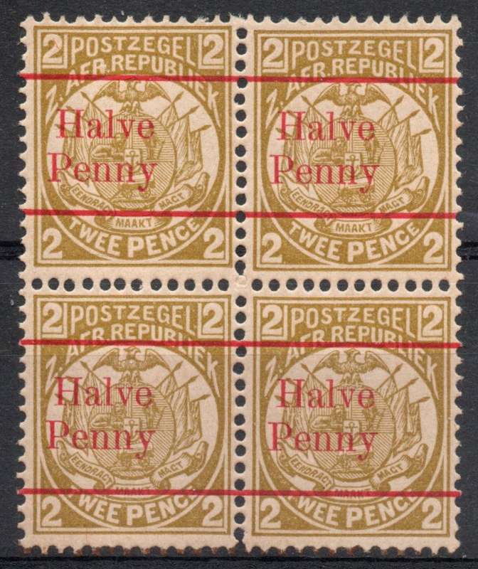 Transvaal 1893 Surcharged ½d on 2d (surch red) block of 4 unmounted mint. SACC 200. Cat R180 (2025)