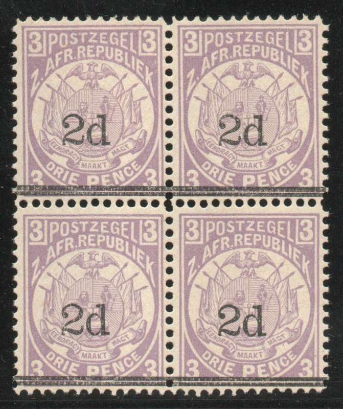 Transvaal 1887 Surcharged 2d on 3d mauve (surch black) block of 4 umm. SACC 199. Cat R360 (2025)