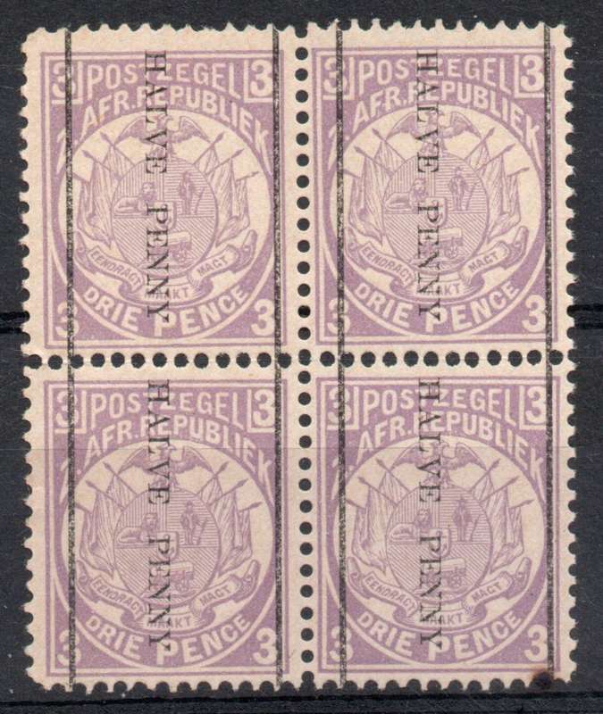 Transvaal 1885 Surcharged ½d on 3d block of 4 unmounted mint. SACC 197. Cat R1600 (2025)