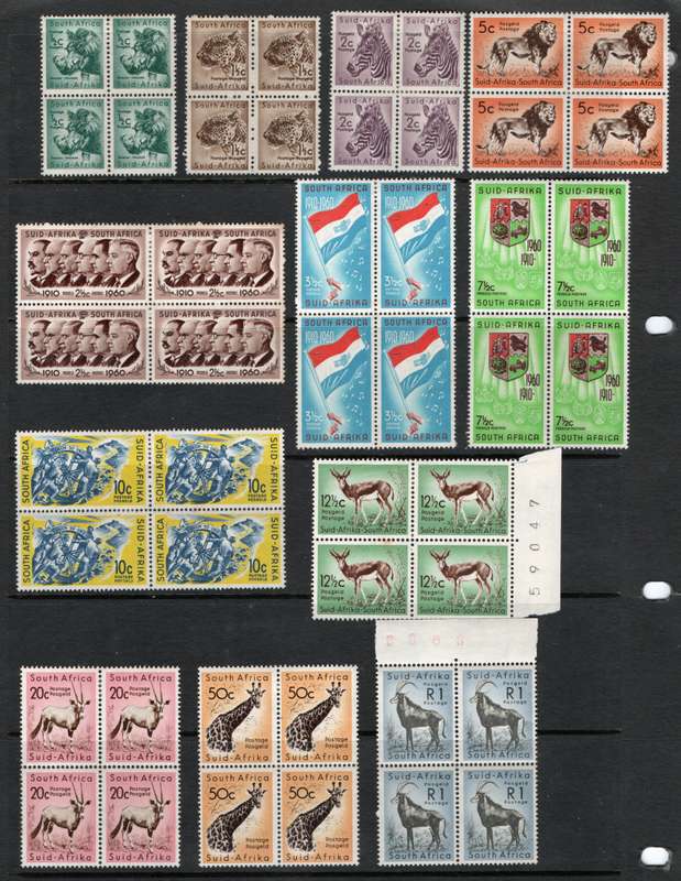 South Africa 1961 Defin set of 13 in blocks of 4 mm except R1 umm. SACC 184-196. Cat R3210 for umm.