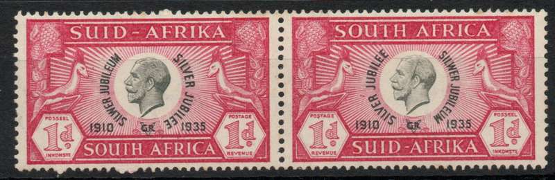 South Africa 1935 KGV Silver Jubilee 1d pair with cleft skull variety mm SACC 65. Cat R150 (2023-25)