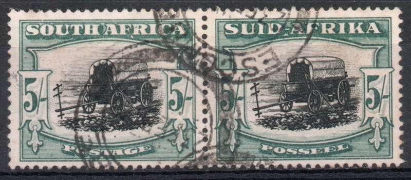 South Africa 1933-48 Hyphenated pictorial 5/- pair vfu with variety. SACC 62a. Cat R300 (2025)